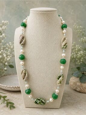 925 Artisan Tree Agate Jade Pearl Necklace Sterling Silver 22”  One Of A Kind
